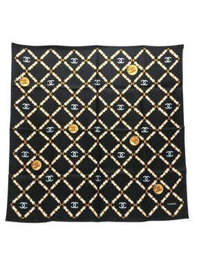 Chanel Scarf CC Logo Chain All Over Pattern Silk Black